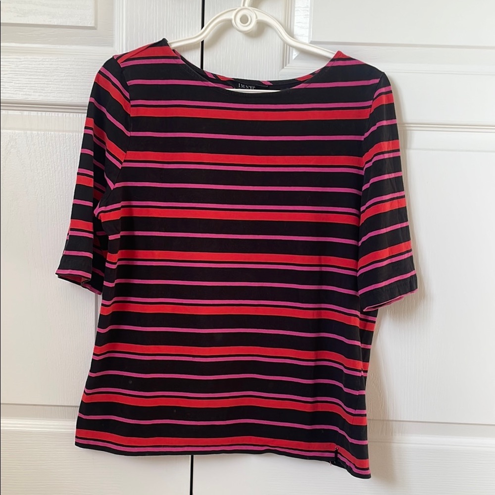 IMNYC Isaac Mizrahi Red Black Striped Boat Neck Top Stretch Cotton XL